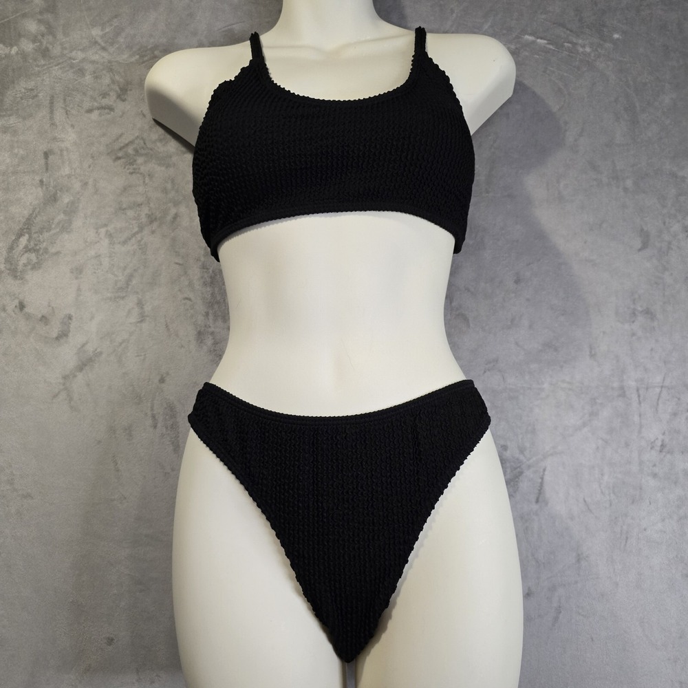 2 Piece Bikin Set Swimsuit Size Large Black Ribbed T Shirt High Cut Bottoms